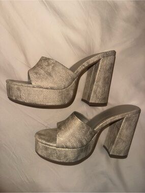 ShuShop Metallic Taupe Platform Block Heel Slides